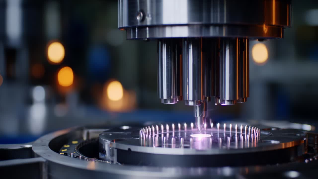Precision Engineering Process: Close-Up of Advanced Manufacturing Machine Crafting Complex Components in a High-Tech Industrial Setting, Featuring Laser Technology and Automated Systems for Enhanced Efficiency