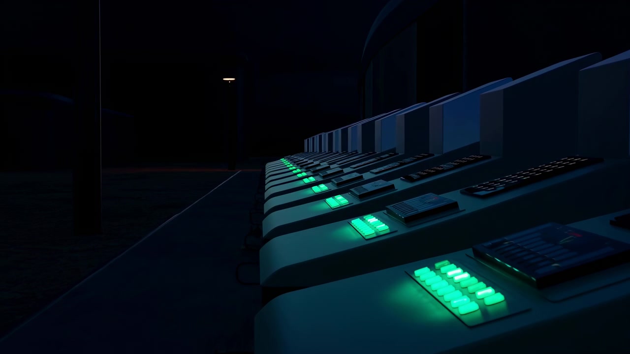 Grappoli di pulsanti verdi si intensificano su console elettroniche abbinate mentre tastiere e pannelli display verticali rimangono in ombra, creando una profondità blu fredda attraverso la stanza fioca