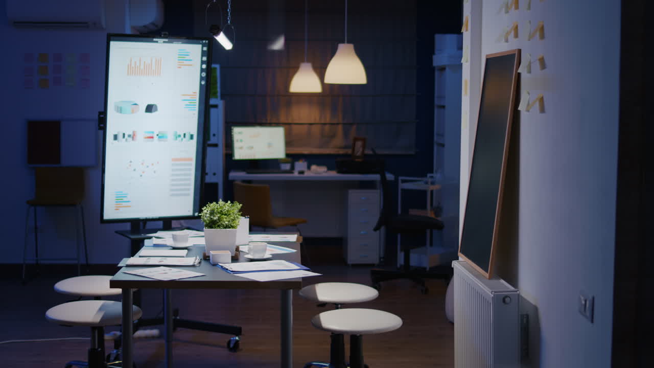 Empty business company office meeting room with nobody in it having presentation monitor