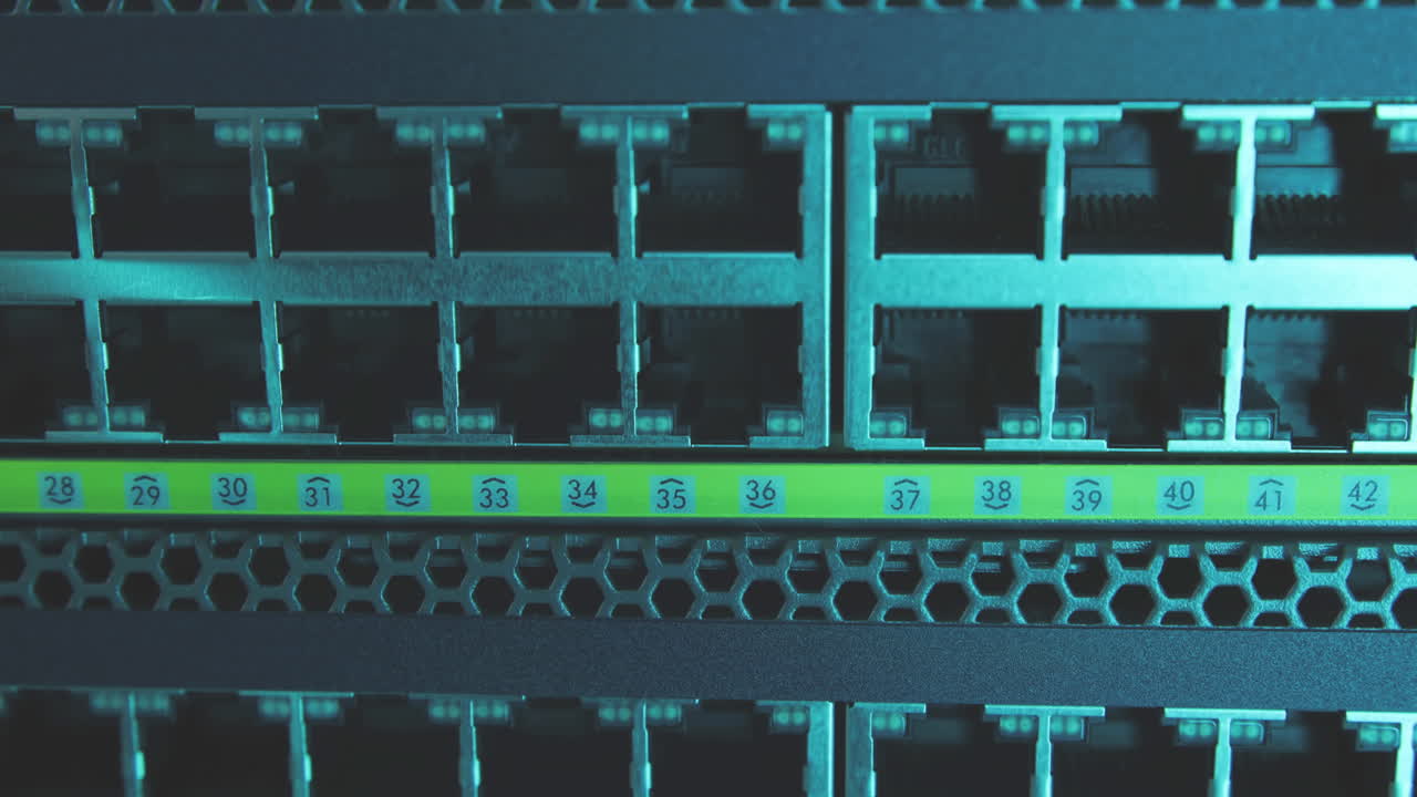 la luz parpadeante cae sobre las entradas y salidas del puerto del conmutador de red del servidor ethernet de internet