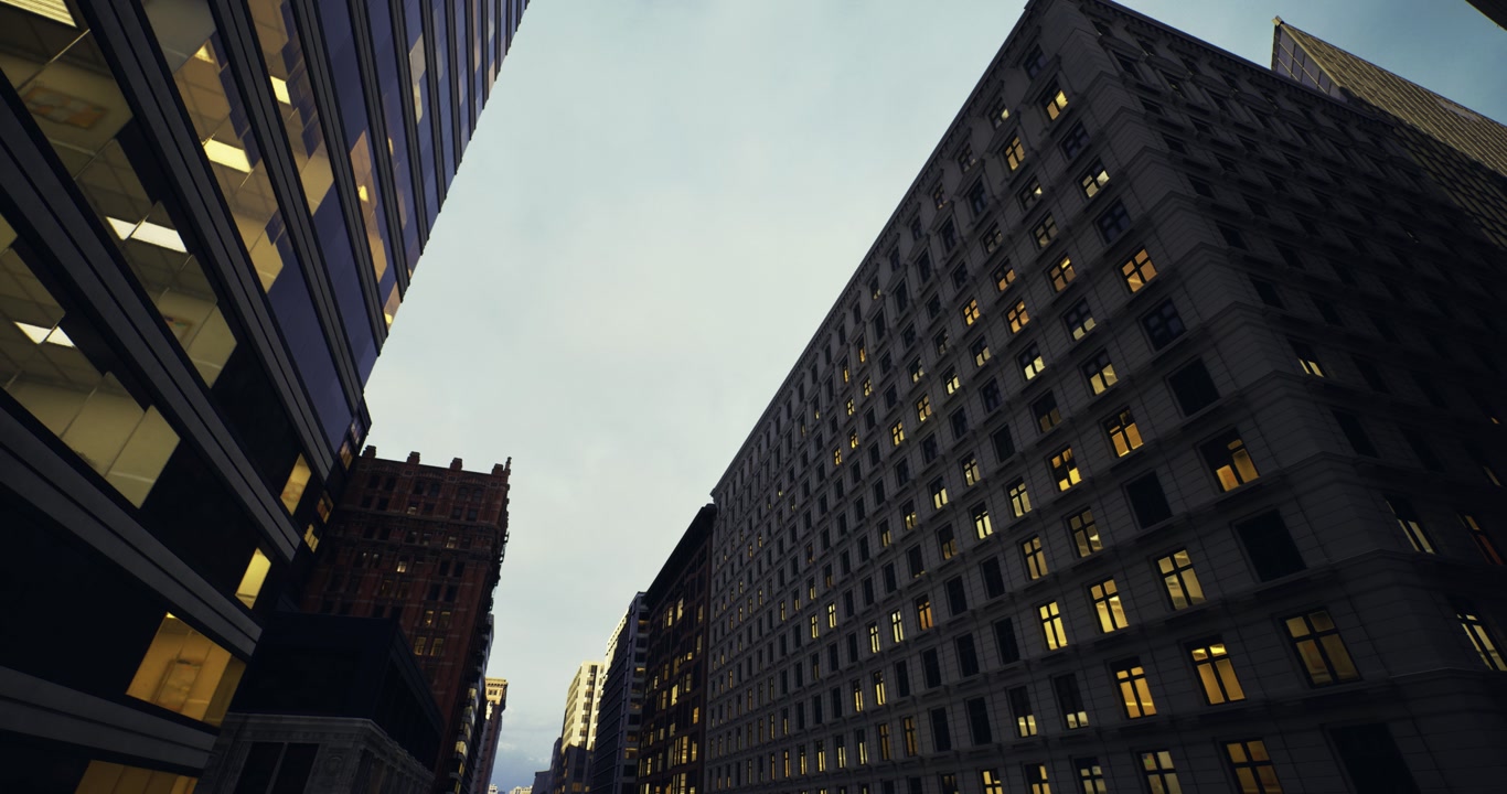 Symmetrical buildings fade into sunset glow with tranquility