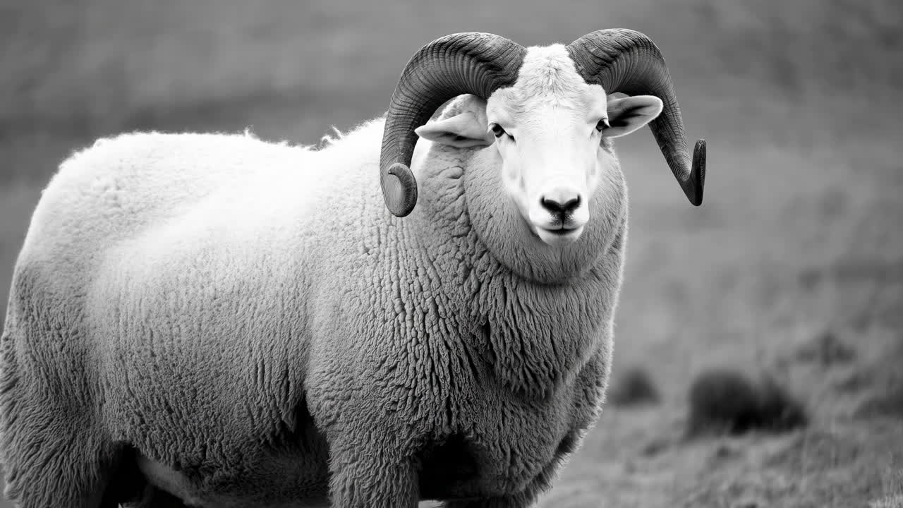 Black and White Portrait of a Majestic Ram with Large Horns