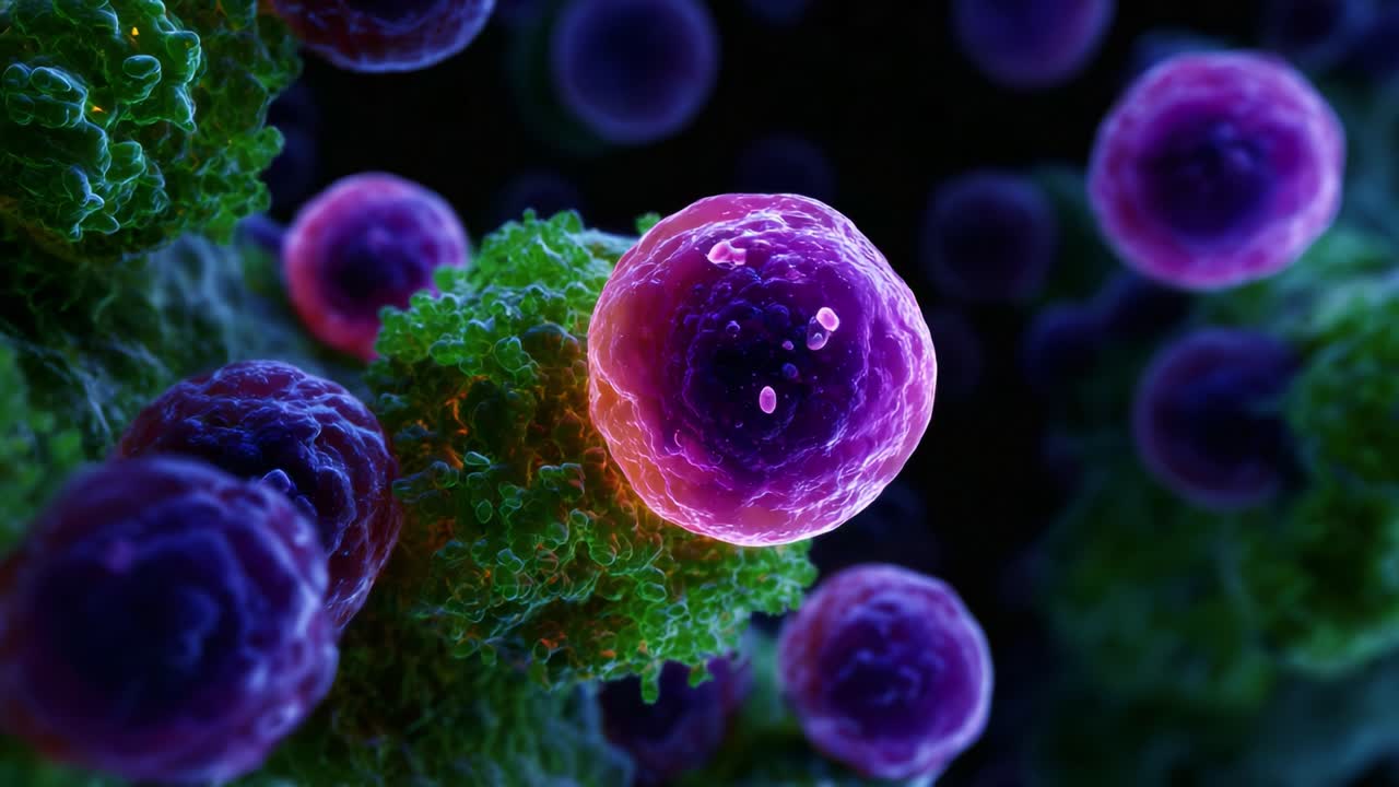 Visione microscopica di cellule batteriche colorate in un microambiente vivace, che ne mostra la struttura e l'aspetto unici a diverse angolazioni di osservazione