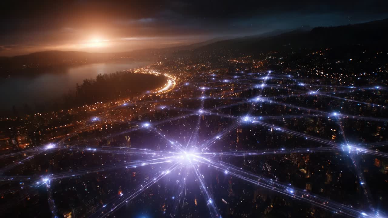 A Stunning Visual Representation of a Futuristic Cityscape at Dusk, Where a Web of Illuminated Connections and High-Tech Features Merge, Showcasing a Network of Lights Against a Breathtaking Natural Landscape