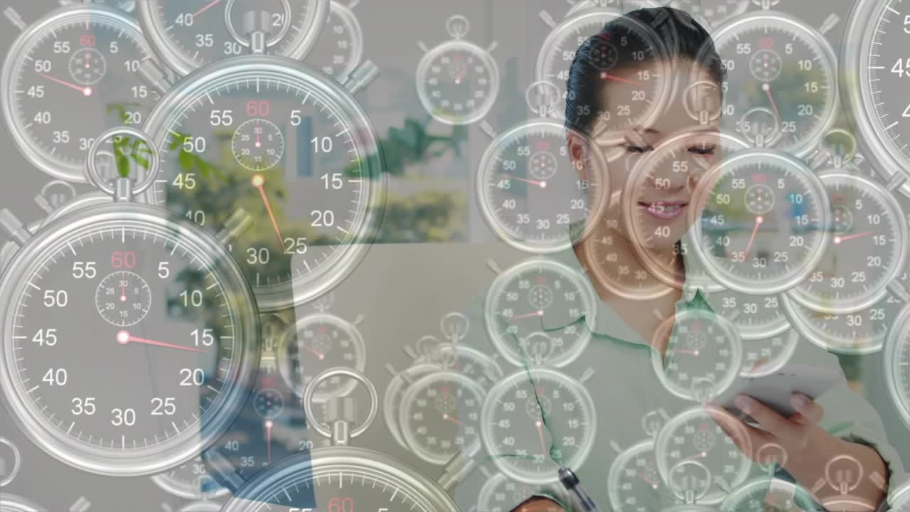 Receiving phone call, businesswoman jotting notes, tapping laptop and following stopwatch animation