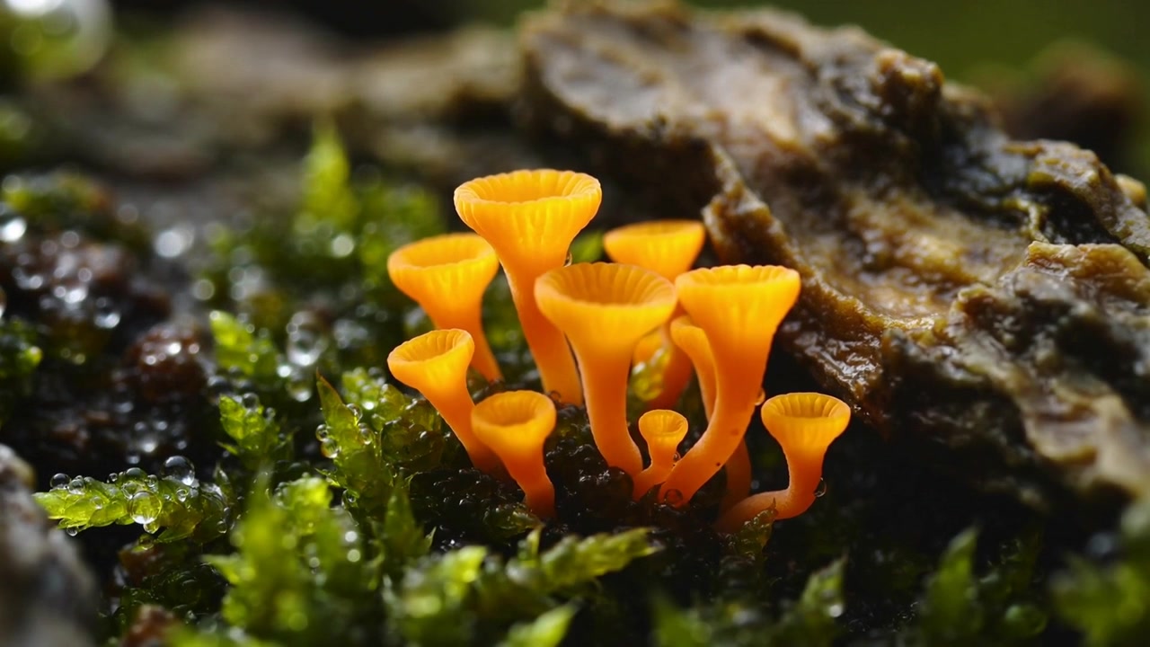 Telecamera che zooma rivelando un gruppo di funghi a coppa arancione brillante su muschio e corteccia in decomposizione per i dettagli.