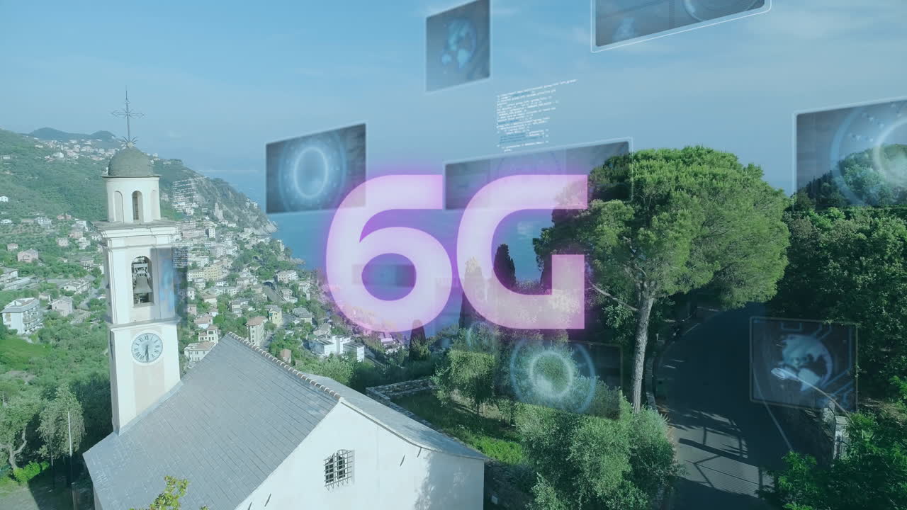 6g 텍스트의 애니메이션, 데이터 처리 및 풍경 위의 화면에서 스캔 범위