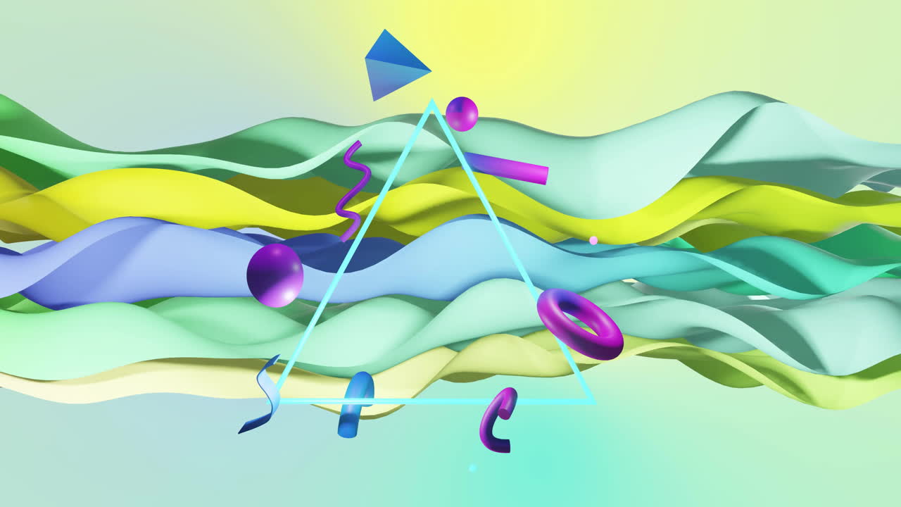 Animation of abstract shapes moving over waving multi coloured background
