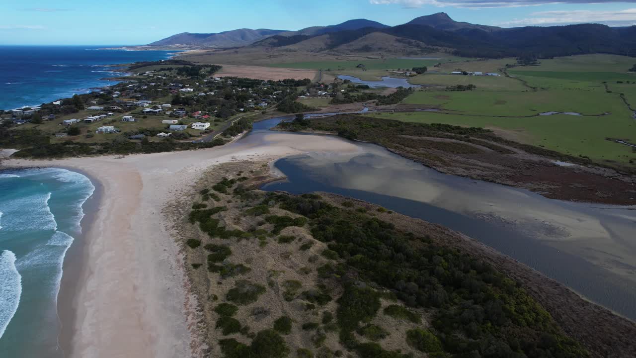 Falmouth, Henderson Lagoon And Steels Beach In Tasmania, Australia - Drone Shot