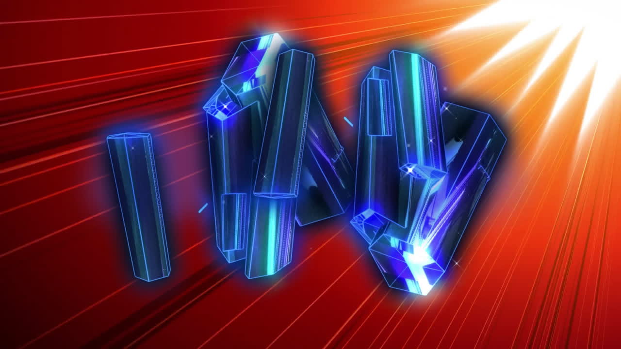 Glowing geometric crystals animation over red and orange light streaks