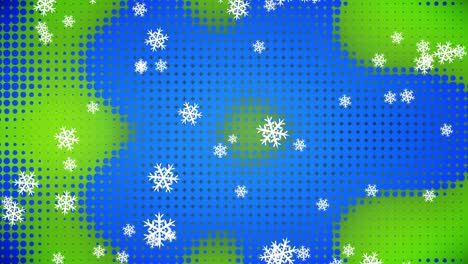 Animation-Von-Schnee,-Der-über-Grüne-Und-Blaue-Punkte-Fällt