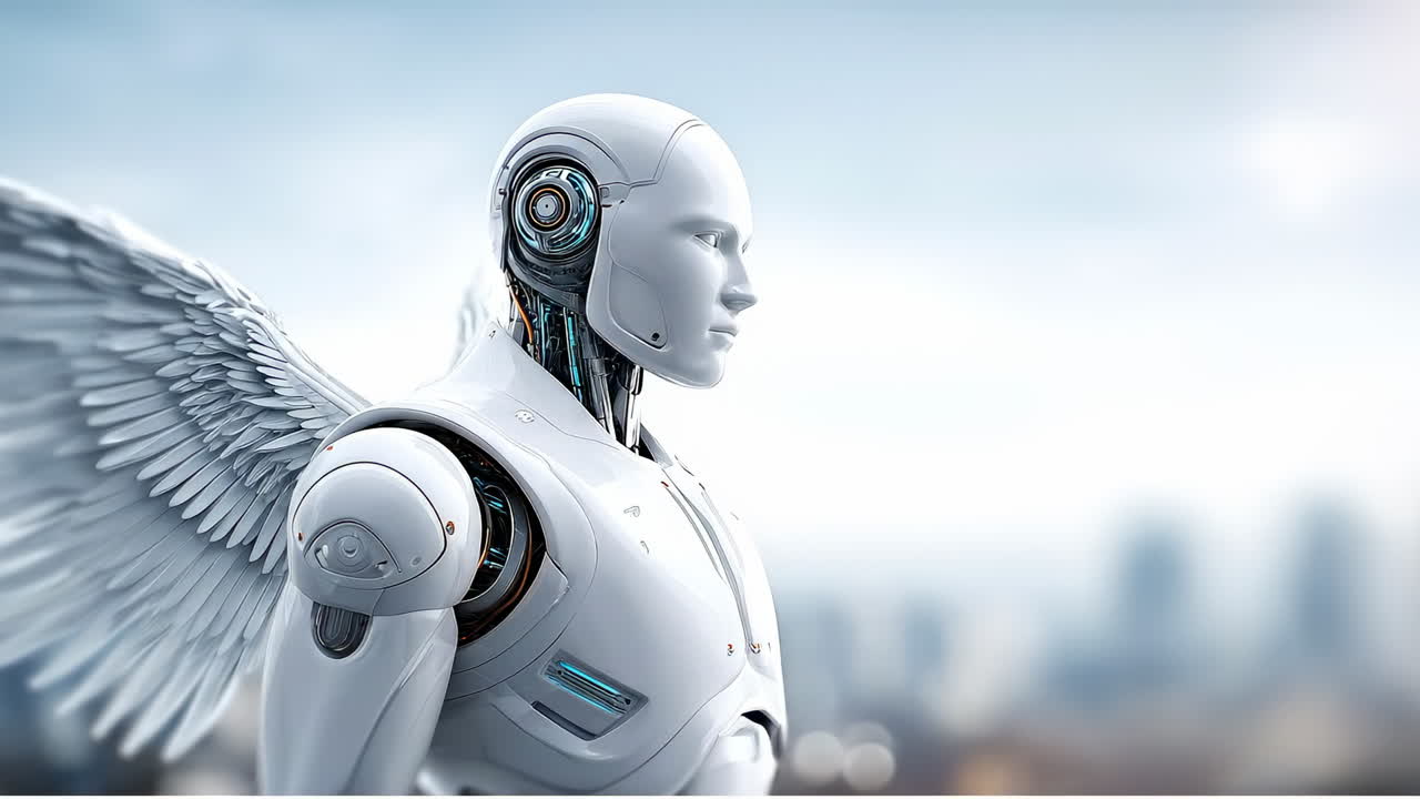 Robot angel stands in a futuristic city. A humanoid robot with wings poses against a blurred futuristic city skyline