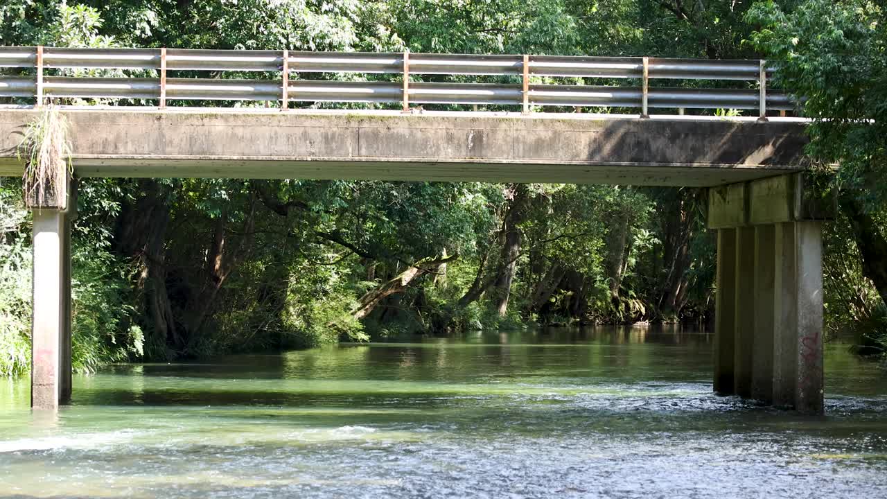 Sunlit creek flows gently beneath concrete bridge, surrounded by lush forest in rural Australia