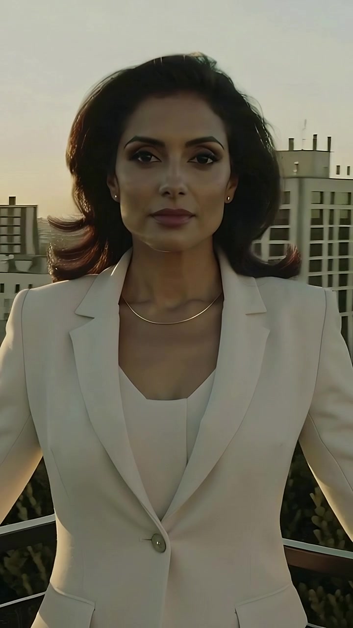 Video vertical: Cámara en movimiento, mujer con blazer girándose y mirando a la lente en la barandilla de una azotea para un retrato