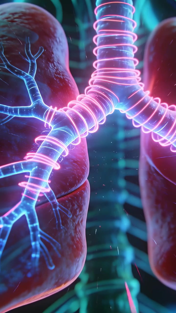Video verticale: Spirali al neon che emergono avvolgendo trachea e bronchi in un torace in computer grafica, rivelando le ramificazioni.