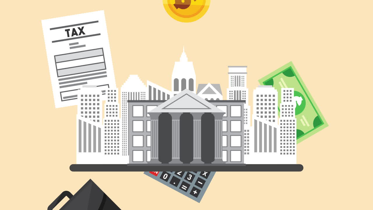 tempo fiscale con l'edificio della banca e impostare le icone