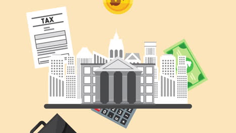 tax time with bank building and set icons