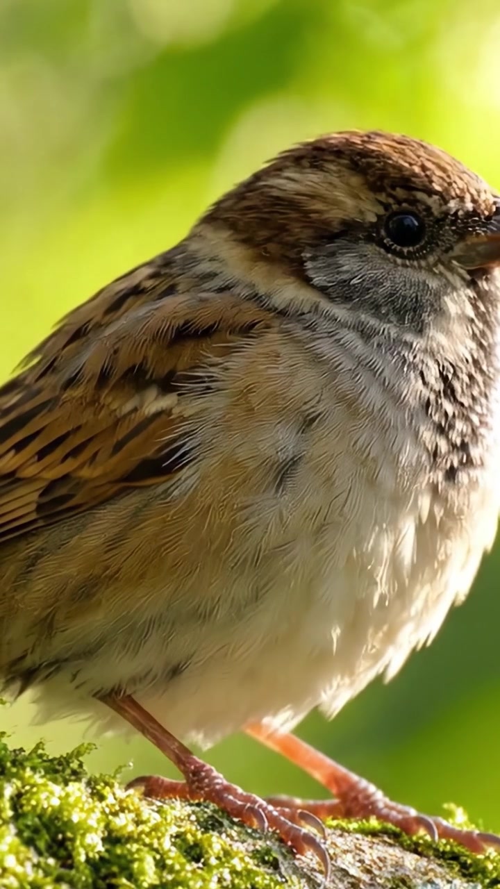 Primo piano di un affascinante passero appollaiato su muschio verde lussureggiante, che mostra le sue bellissime piume e le delicate caratteristiche alla luce naturale.
