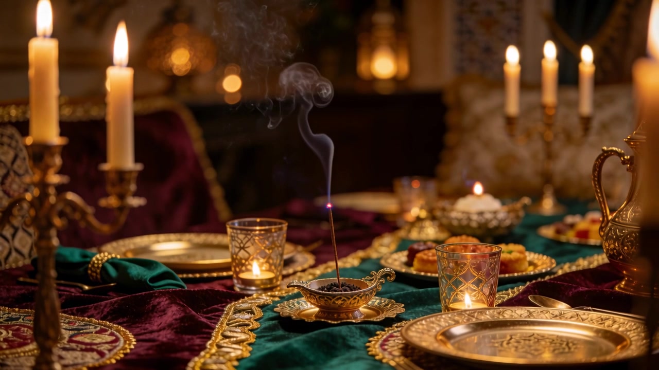 Aufsteigender Rauch, brennendes Räucherstäbchen in Messinghalter, das rituellen Duft an einem Esstisch mit Kerzen verströmt.