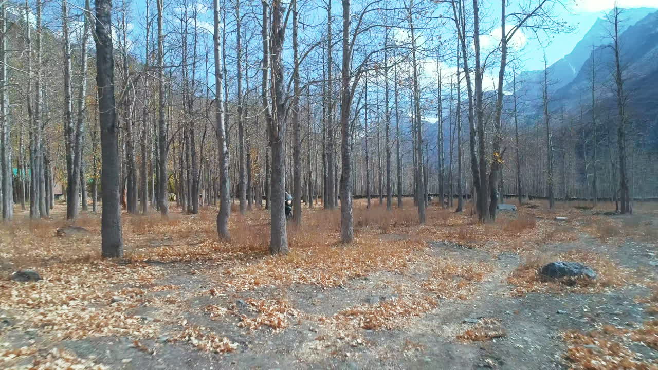 low angle front view of adventurous bike ride during autumn with snowy mountains in background
