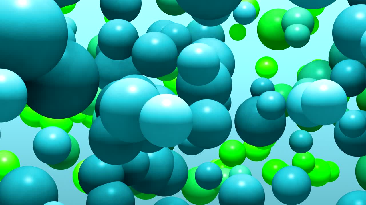 Horizontal parallax camera sweep animation featuring soft blue and green pastel colored spheres gracefully drifting across a blue gradient backdrop