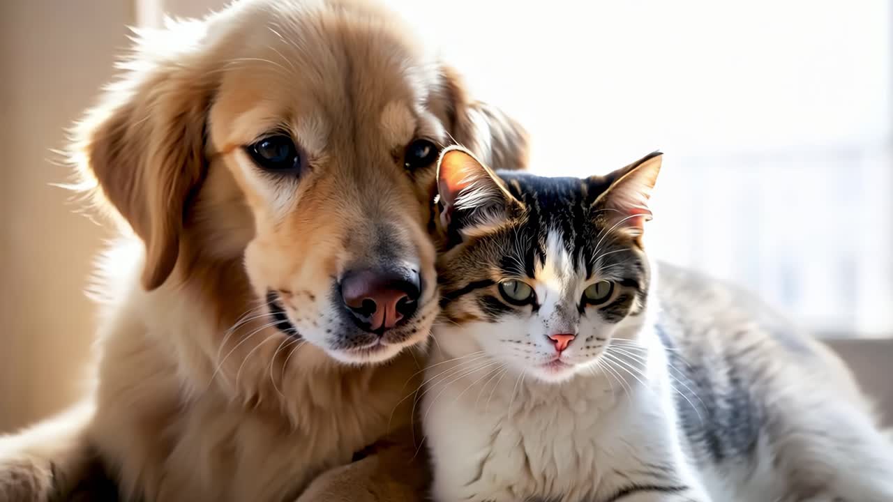 Ein herzerwärmendes Video-Standbild von einem Hund und einer Katze, die sich aneinanderkuscheln, aufgenommen auf Augenhöhe