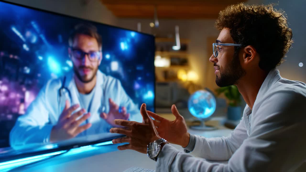 Engaging Virtual Consultation: A Man Interacting with a Healthcare Professional on a Screen, Symbolizing Telemedicine and Modern Healthcare Solutions in a Tech-Driven Environment