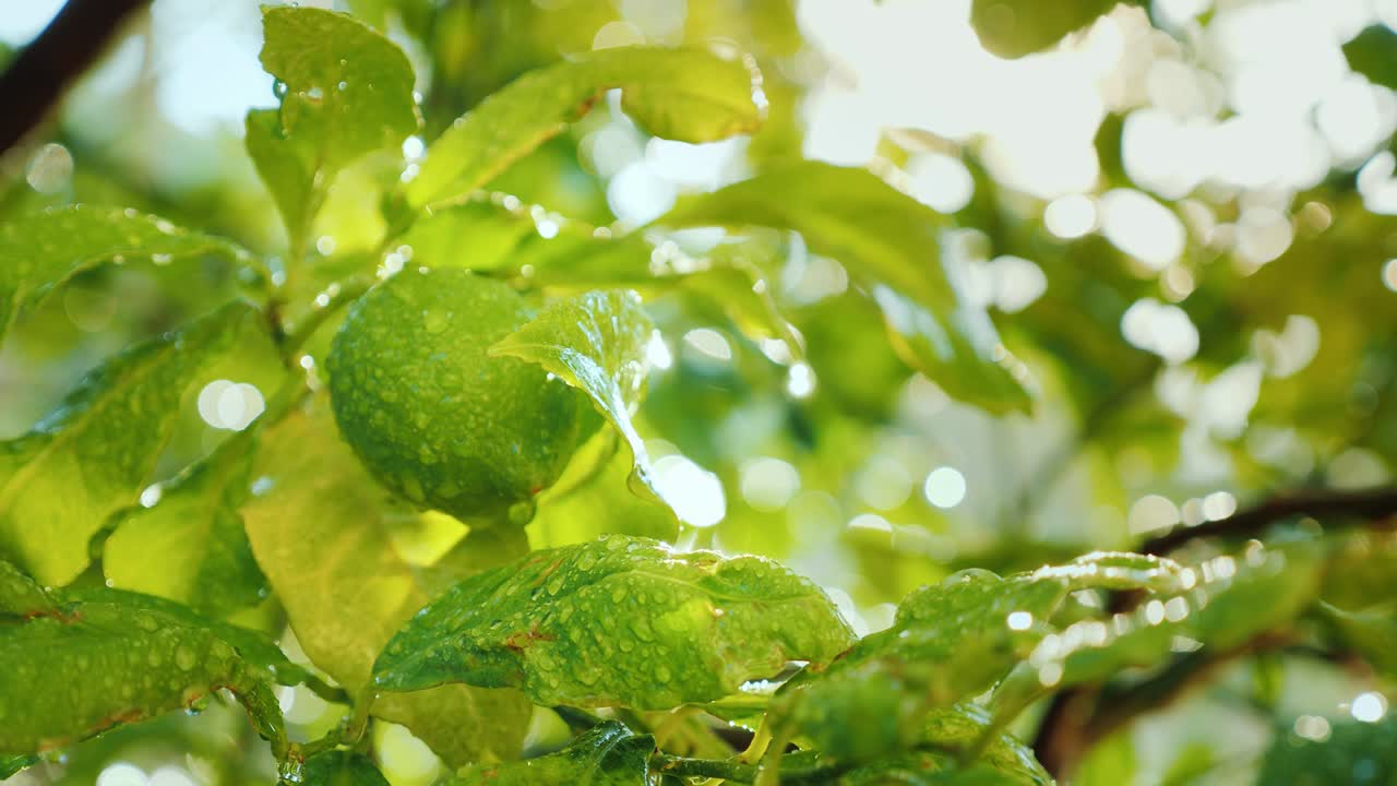 un fruto de limón verde madura en un árbol. cubierto de gotas de agua, el sol brilla brillantemente. jardín de cítricos
