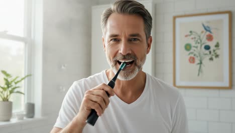 a happy man brushing his teeth with an electric toothbrush, enjoying his morning routine in a bright bathroom filled with plants and colorful artwork