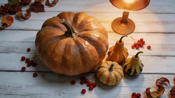 Decorazione autunnale con zucche su un tavolo rustico bianco
