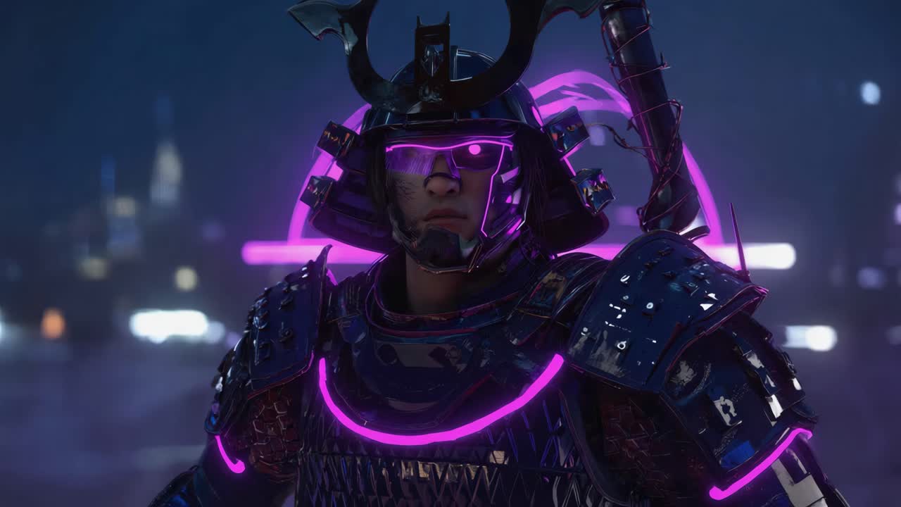 Cyberpunk Samurai in Neon Armor