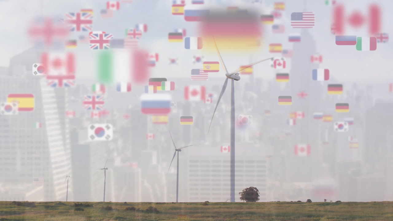 3D render showing floating national flags over wind turbines in grassy field under hazy skyline