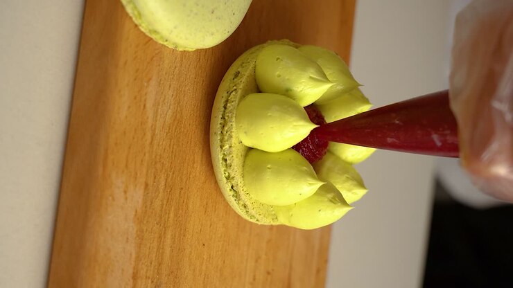 The French pastry chef adds strawberry sauce filling to the macarons , slow motion video, vertical video