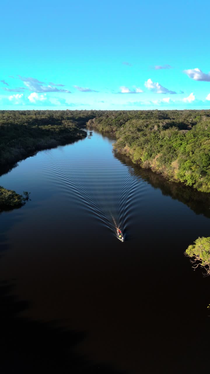 Aerial View of a Boat on a River in the Amazon Rainforest