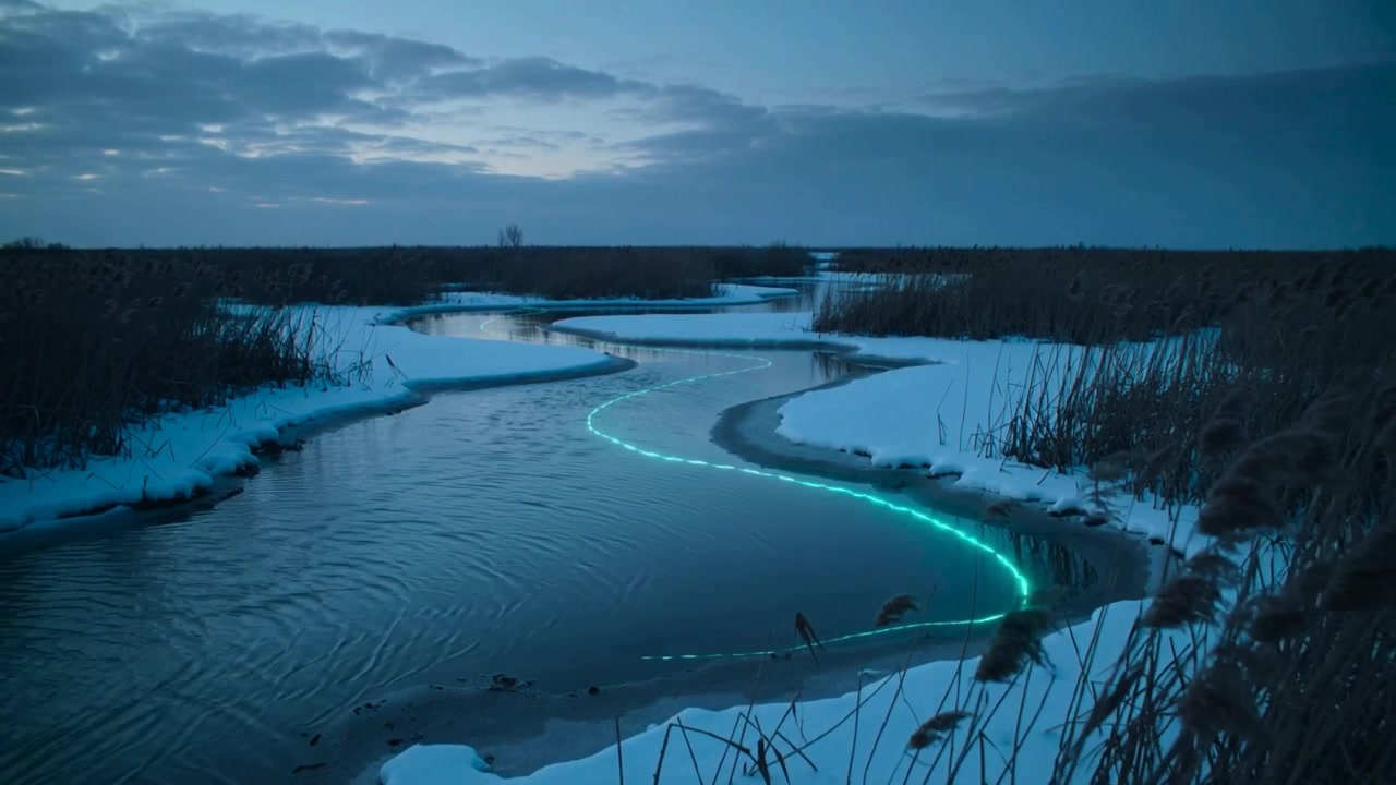 Gliding teal light appearing by right bank, tracing winding channel amid snow banks at twilight