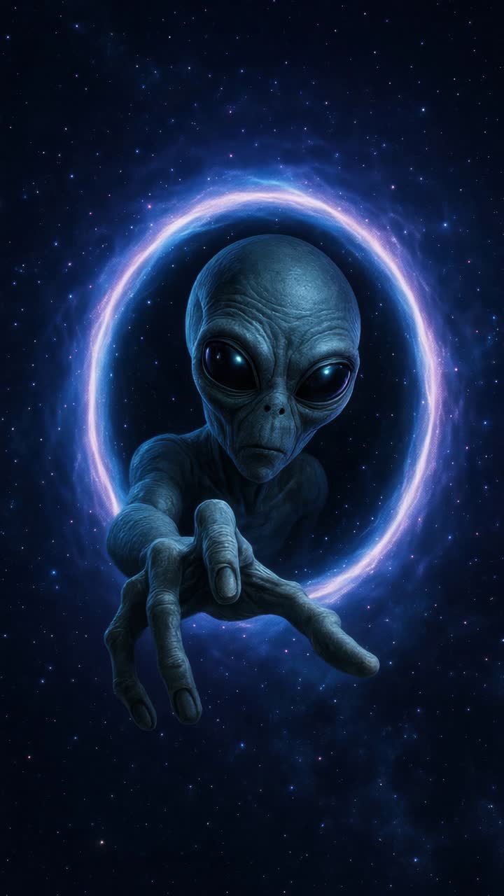 A mysterious alien reaches through a glowing portal in space