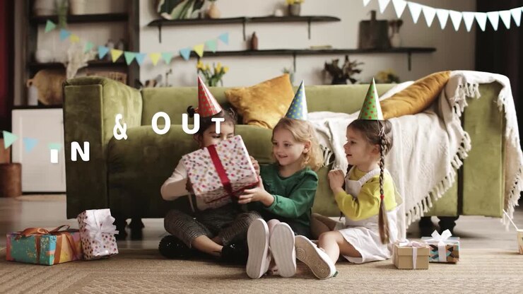 Children celebrating a birthday party and abstract symbols background