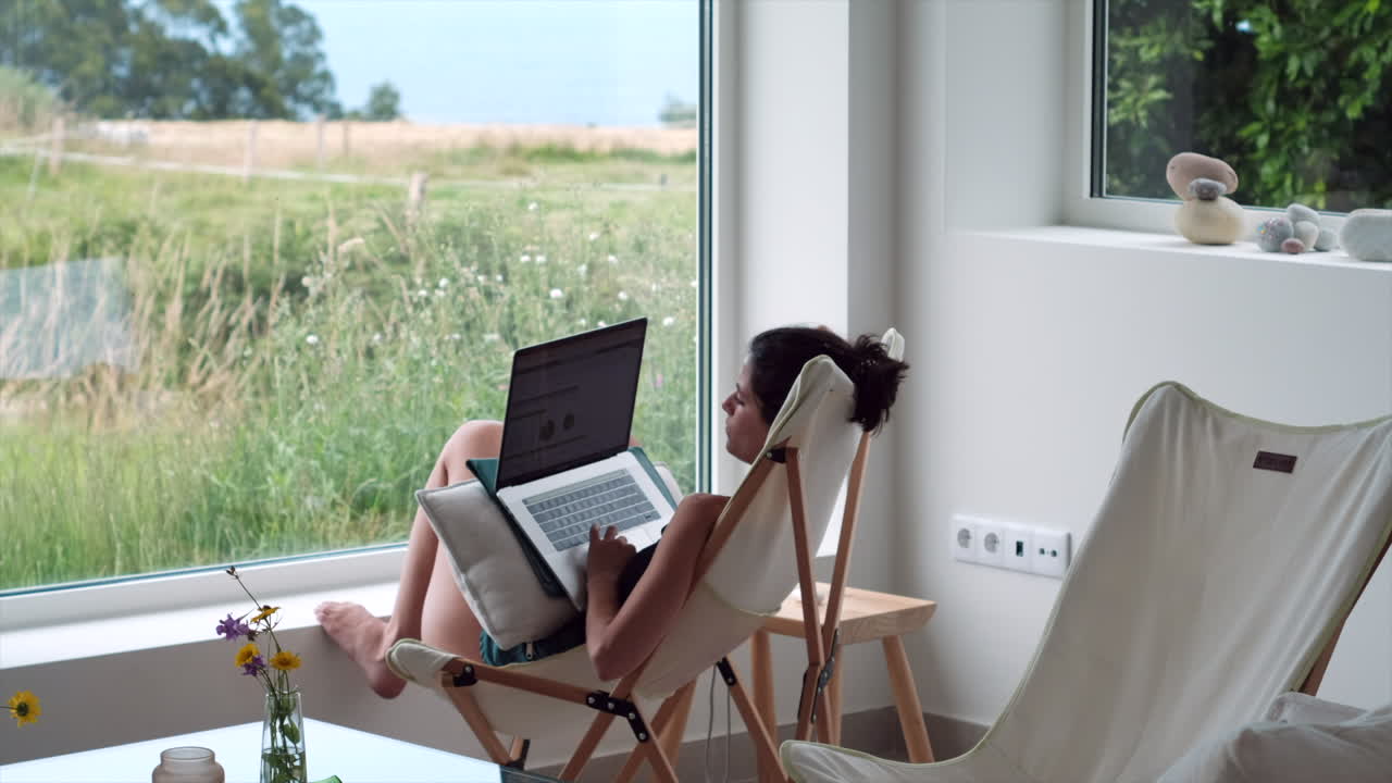 Freelancer Woman Works Remotely Enjoying Rural Nature's Office