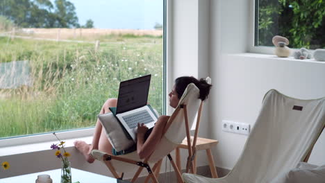 freelancer woman works remotely enjoying rural nature's office