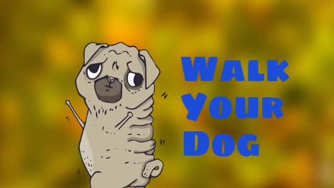 animación de pasear a su perro texto en azul, sobre la ilustración cómica de mascota perro pug