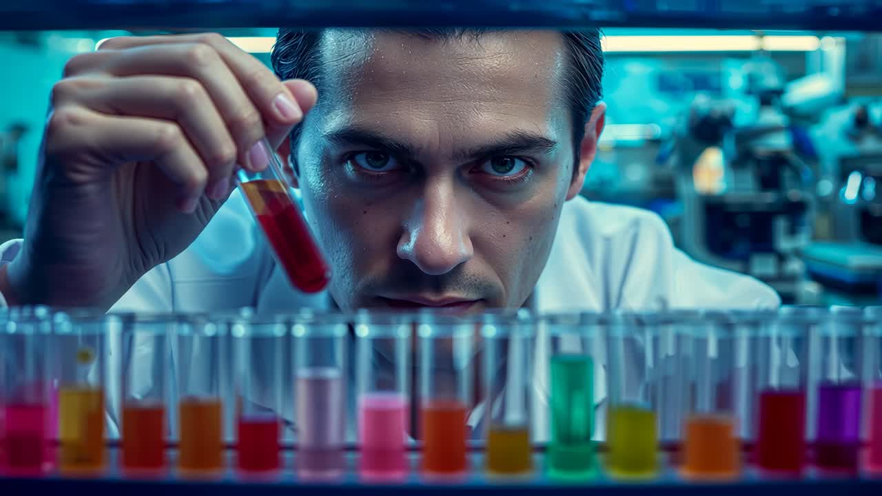 Raising red test tube, male researcher in lab coat comparing color against rack at lab bench