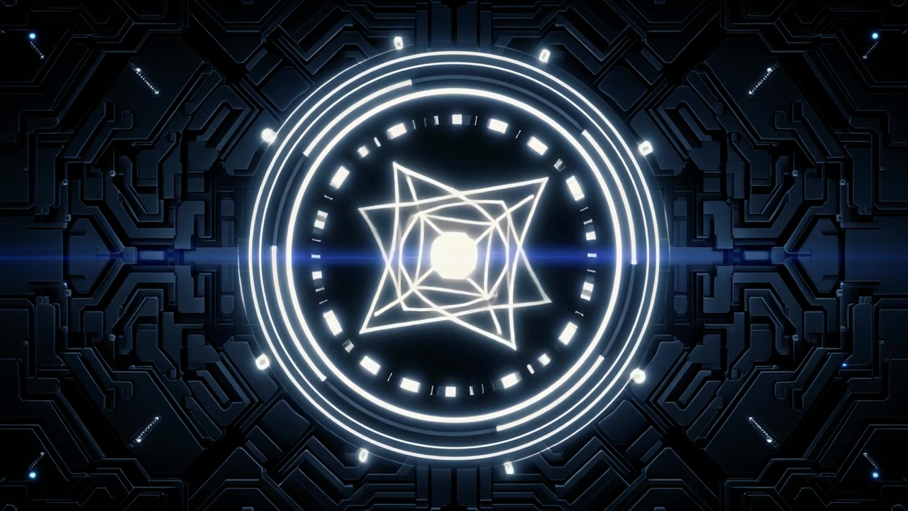 Abstrakti hohtava geometrinen muoto pyörii futuristisella piirilevyn taustalla
