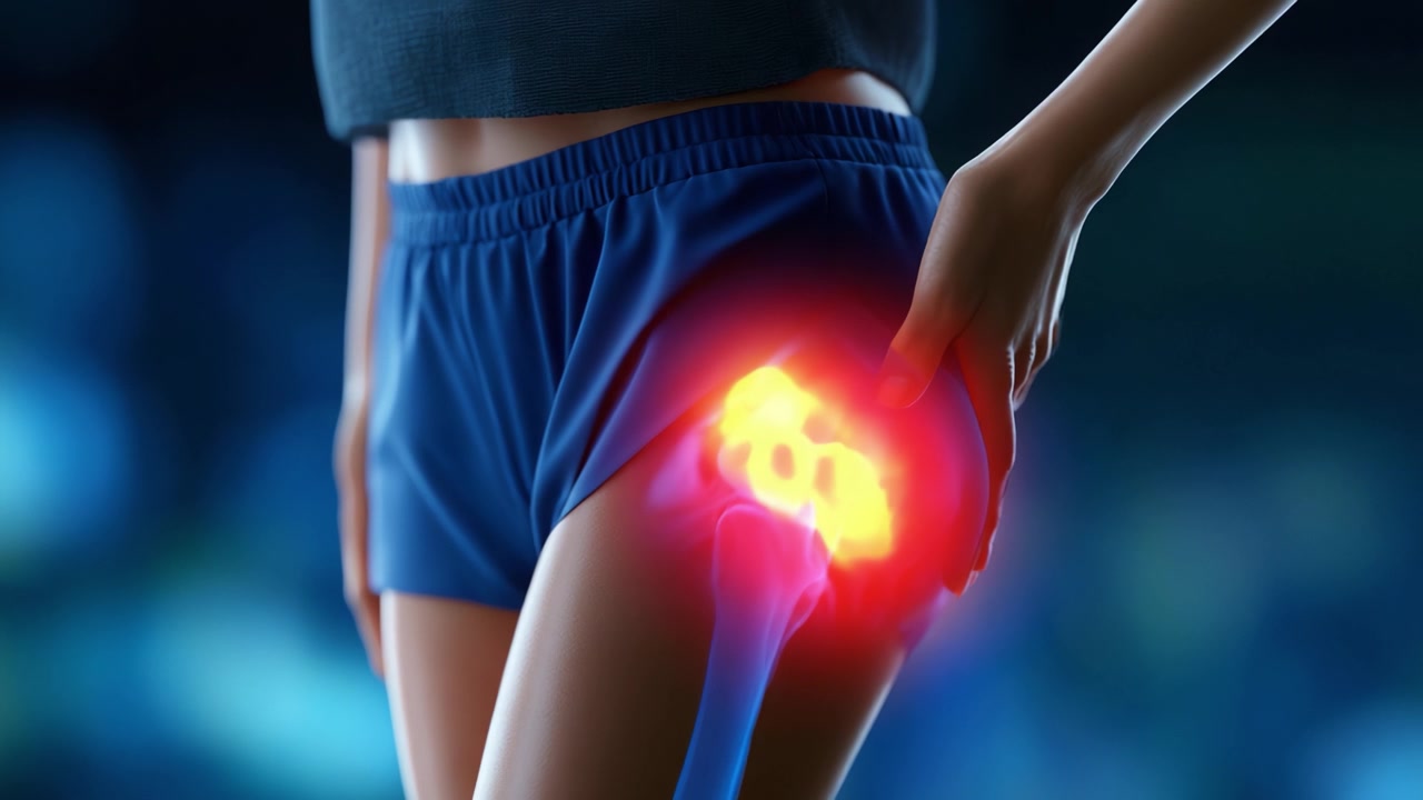 Illustrazione di tecniche di sollievo dal dolore articolare, focalizzate sui problemi dell'articolazione dell'anca, dimostrate da un modello umano in abbigliamento sportivo con enfasi sulle aree dolorose