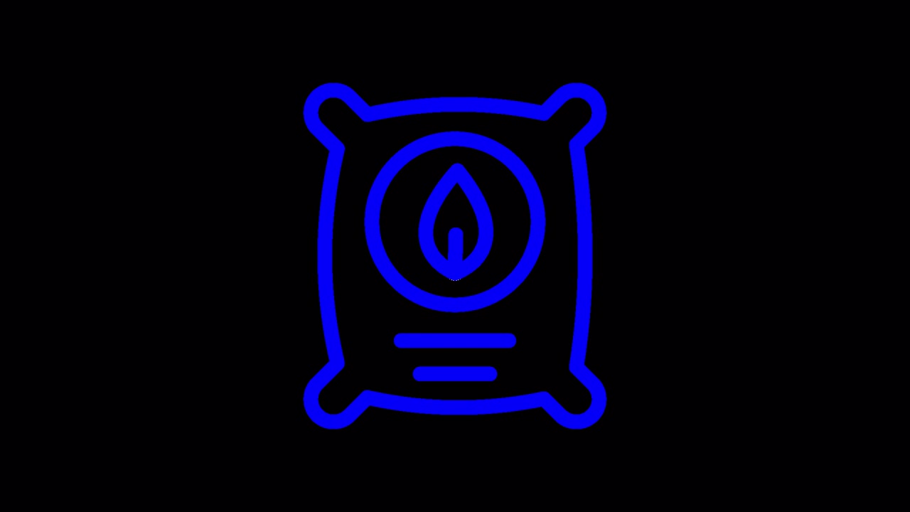 Blauw neon omtrekicoon van een zak met een vlammensymbool