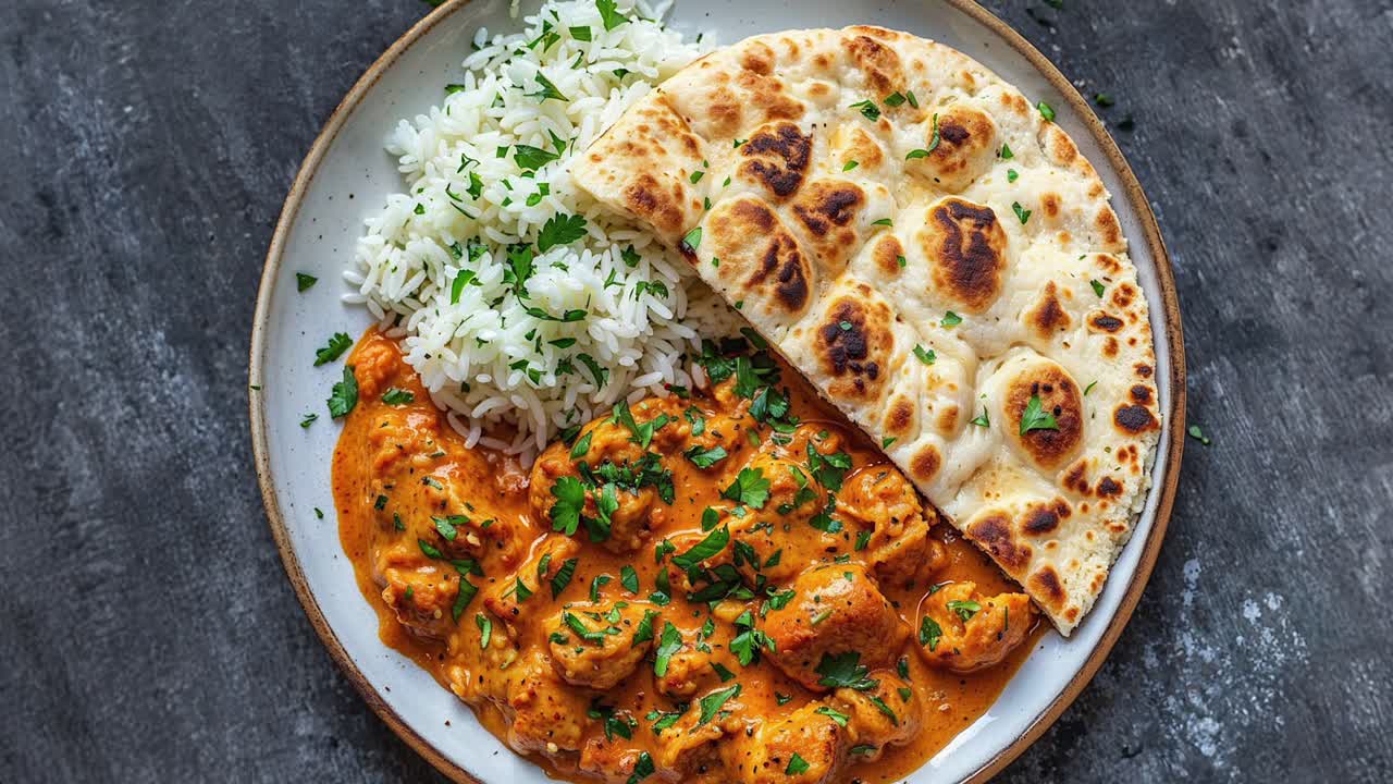 tikka masala de pollo con naan y arroz