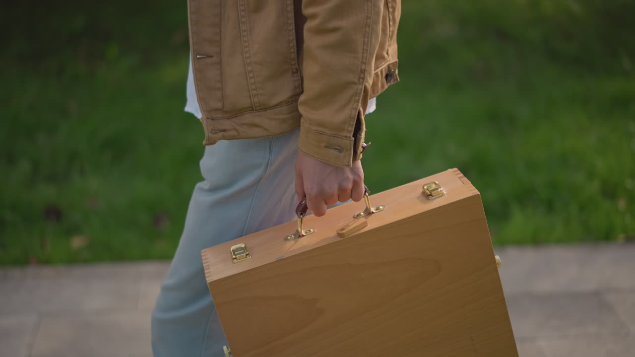 artista che cammina sul marciapiede portando una scatola di schizzi in legno, pittore urbano occasionale che passeggia nel parco, disegnatore di schizzi plein air alla ricerca di una composizione, illustratore itinerante che trasporta cavalletto e custodia di pittura
