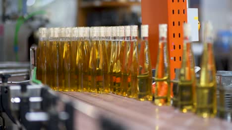 botellas de vino que salen del proceso de inserción de corcho en la línea de producción final para el etiquetado
