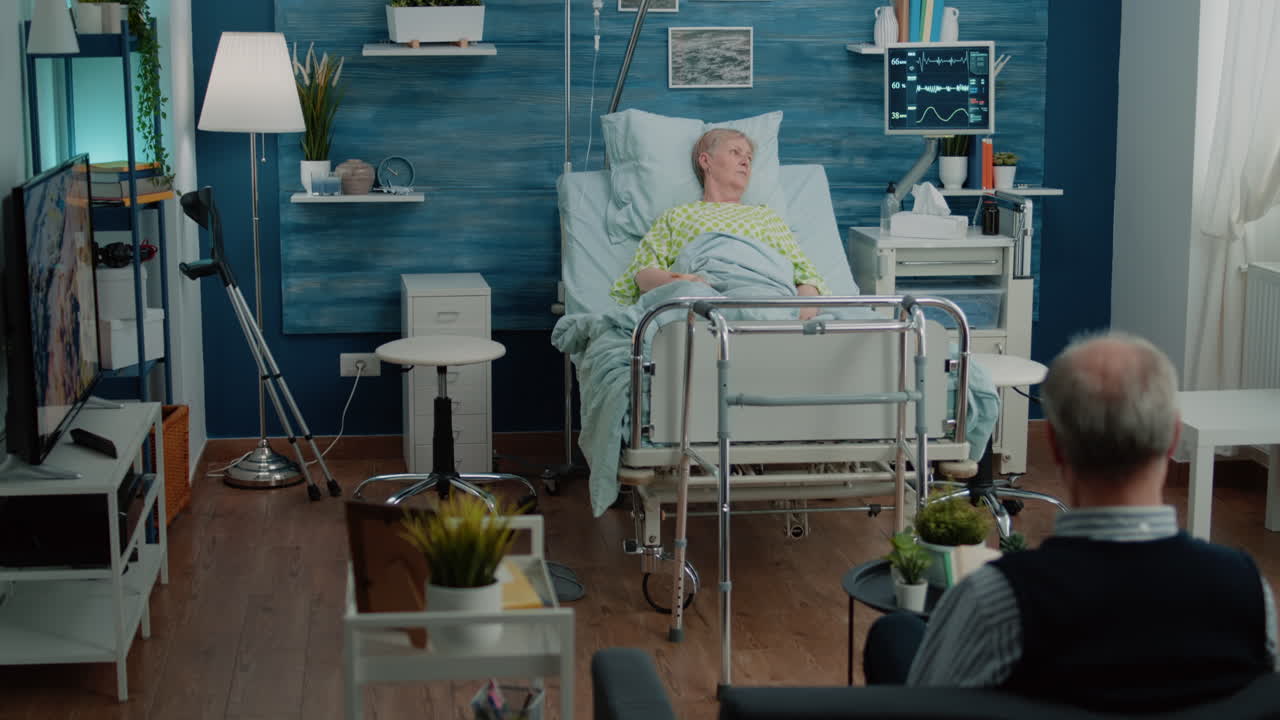 Sick retired woman resting in hospital bed after surgery