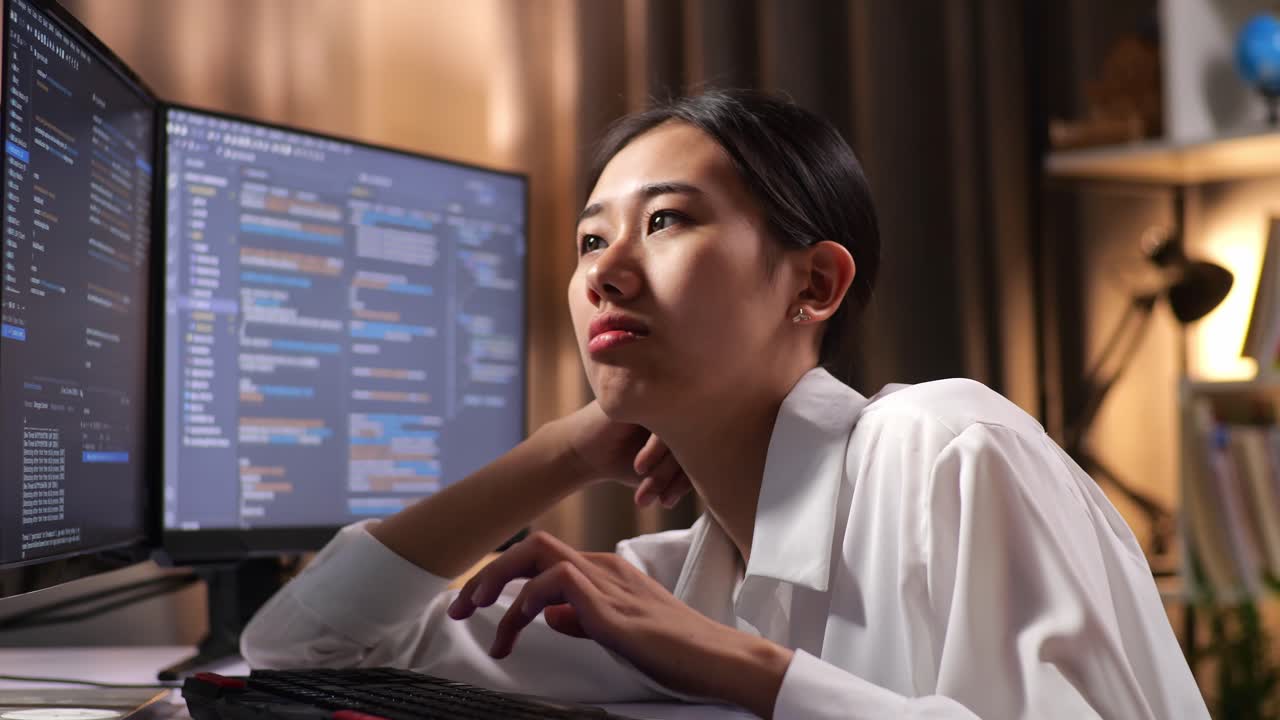 Close Up Of Asian Woman Programmer Being Bored Creating Software Engineer Developing App, Program, Video Game On Desktop Computer At Home. Terminal With Coding Language