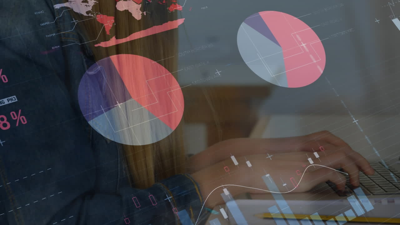 animación del procesamiento de datos estadísticos contra una mujer caucásica que usa una computadora portátil en la oficina